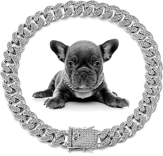 Pimaodog Chain Dog Collar with Bling Glitter Rhinestone Sparkly Diamond Metal Necklace Cuban Link Cat Collars for Small Medium Large Pet Dogs Puppy (Silver 22 Inches)